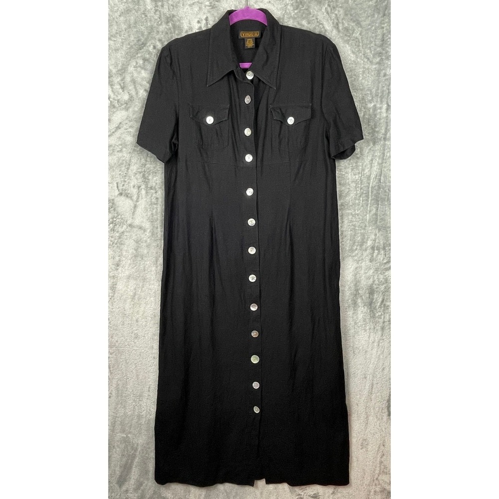 Vtg Virgo II Dress Size 14 Black Maxi Linen Blend‎ Short Sleeve Long Button Up